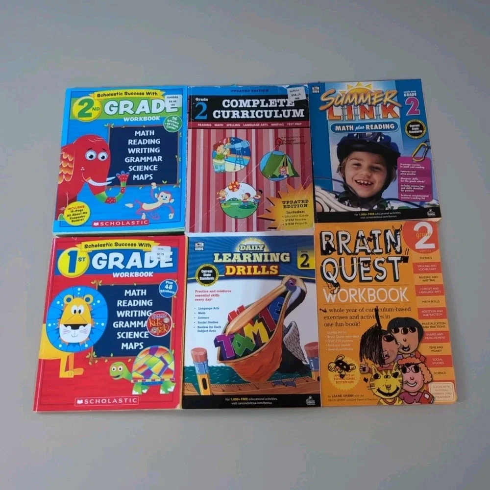 Lot Of 6 Workbooks 1st & 2nd Grade Scholastic Brain Quest. HAS WRITING.